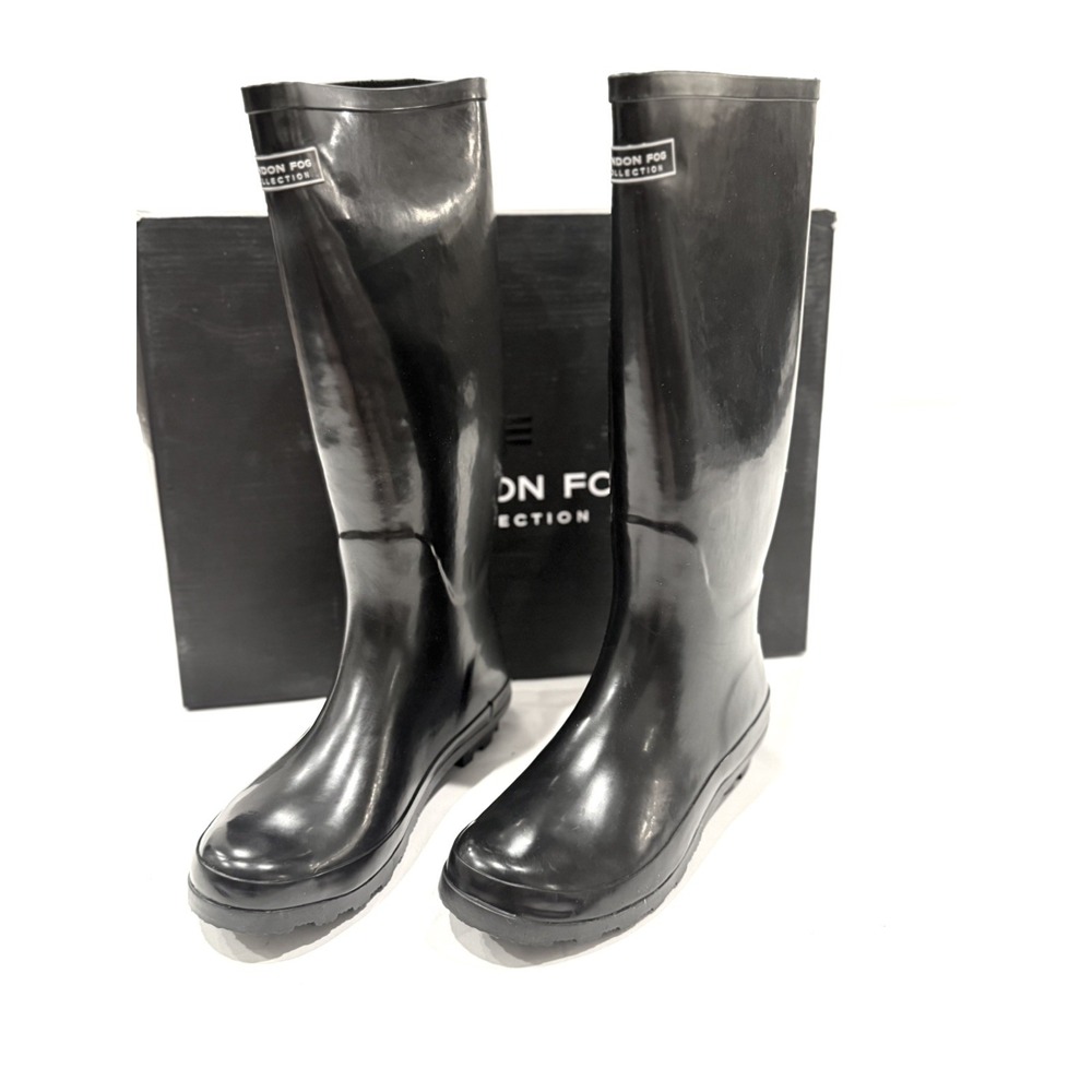 London Fog Size 8 Thames Women's Tall Black Waterproof Rubber Rain Boots fall